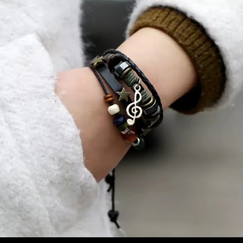 Men's Bracelet Leather Braided Layered Brown Music‎ New f41